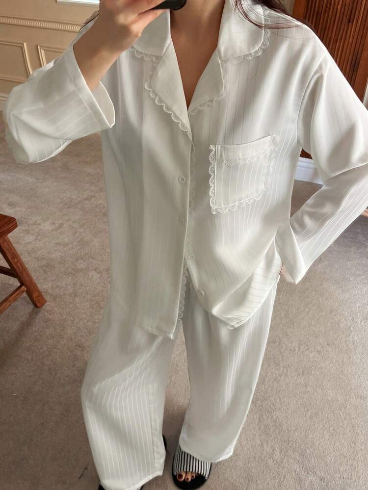 Elegant Summer Vacation Satin Jacquard Stripe & Lace Patchwork Loose Women Pajama Set