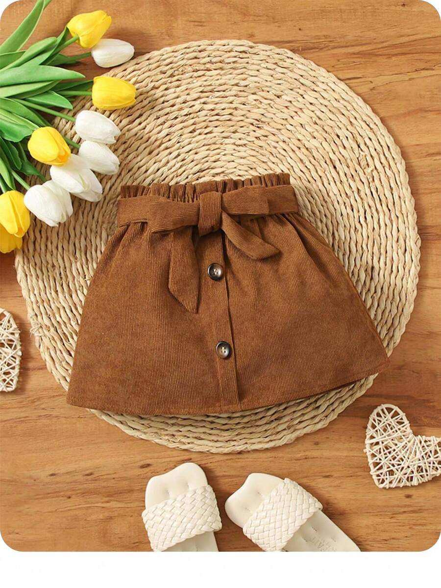 SHEIN 嬰兒女寶寶假扣紙袋腰帶裙 - 棕色 - 查看 1