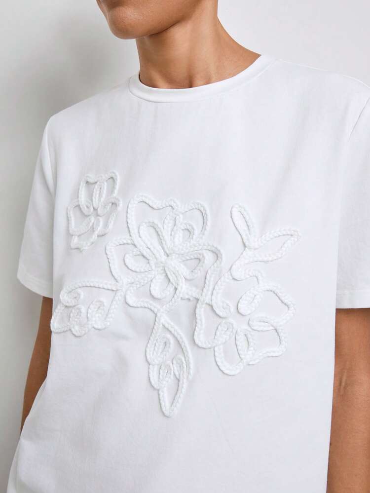 SHEIN Maija Women's Round Neck 3D Floral Pattern Casual Versatile Daily Wear Short Sleeve T-Shirt,Summer Clothes, Holiday Outfits For Women ,White Tops