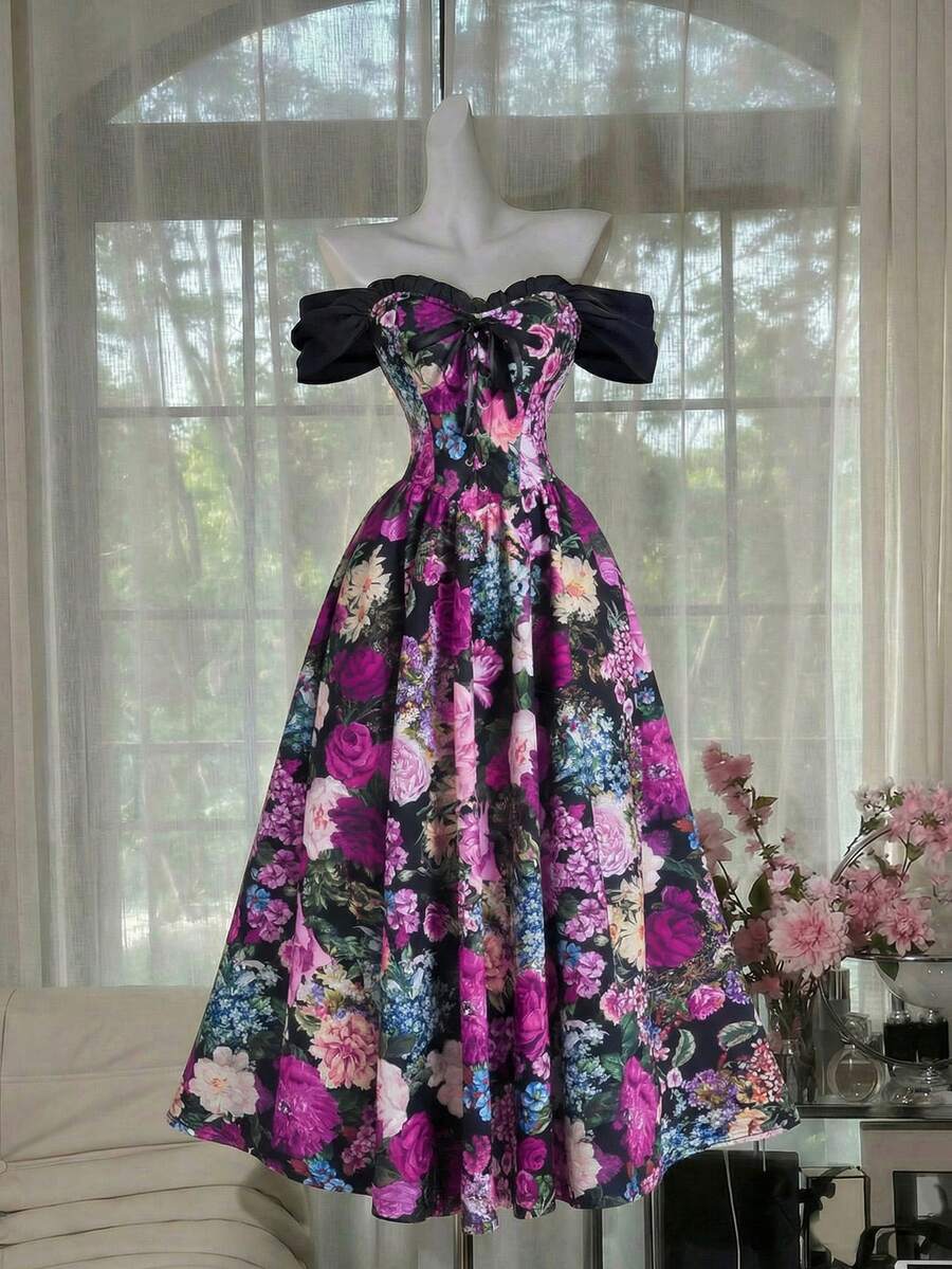 SHEIN MOD Vestido largo de fiesta elegante con cintura ceñida y estampado floral con hombros descubiertos para mujer - Morado - Ver 1