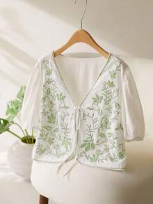CosyJoli Áo sơ mi dáng rộng, tay phồng, thêu họa tiết, thắt nơ phía trước, kiểu dáng thường ngày. - trắng - Xem 1