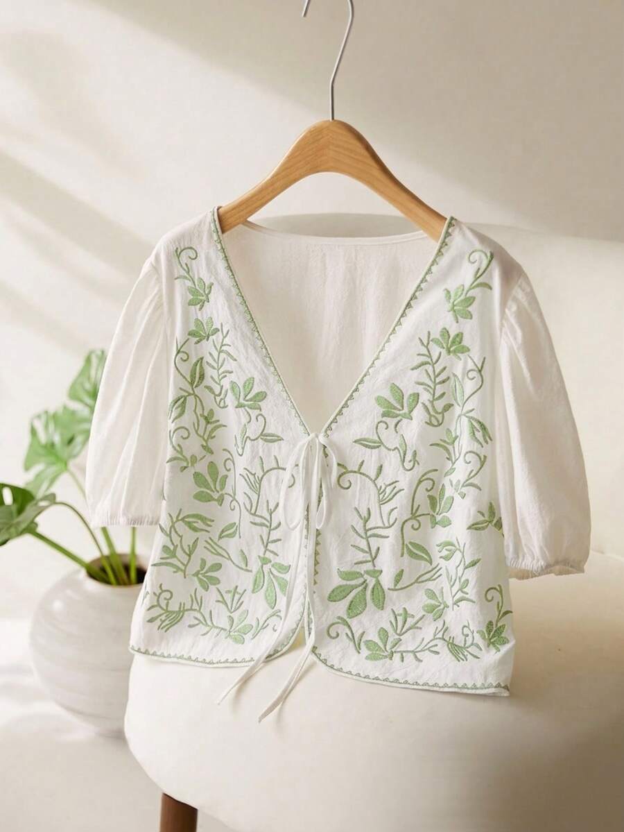 CosyJoli Áo sơ mi dáng rộng, tay phồng, thêu họa tiết, thắt nơ phía trước, kiểu dáng thường ngày. - trắng - Xem 1