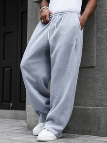 Manfinity Homme 男士淺灰色寬鬆運動長褲，鬆緊抽繩腰頭純色口袋休閒褲，秋季街頭風，城市度假、健身房適用 - 灰色 - 查看 5