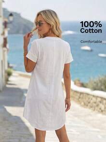 EMERY ROSE 女士度假休闲纯色V领短裙 - 白色 - 查看 6