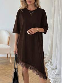 SHEIN LUNE Women's Casual Solid Color Lace Patchwork Summer Vacation Commute Daily Basic Fashion Asymmetrical Hem Short Sleeve Mid-Length Dress - Brown - View 5