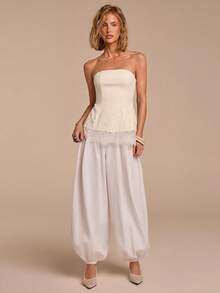 COSMINA Áo ống thời trang phối ren tương phản dành cho nữ, kiểu dáng denim. - Màu be - Xem 4