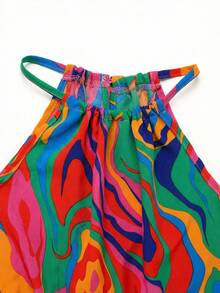 SHEIN Tween Girls' Casual Minimalist Comfortable Sleeveless Geometric Pattern Romper - Multicolor - View 4