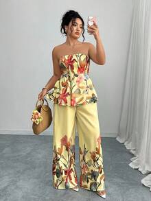Elenzga Conjunto de 2 piezas de talla grande con top sin mangas con estampado floral elegante y pantalones rectos sueltos, para verano - Multicolor - Ver 5