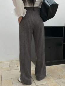 DAZY Pantalones casuales y de negocios con estampado de rayas y pliegues para mujer - Gris - Ver 3