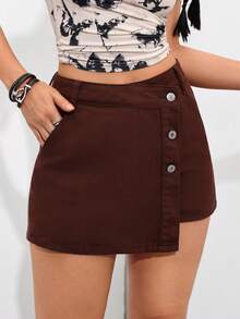 SHEIN PETITE Women's Button Casual Streetwear Versatile Daily Wear Denim Skorts, Petite Everyday Dark Brown Summer - Brown - View 5
