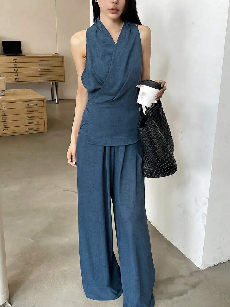 Women's V-Neck Cinched Waist Spaghetti Strap Camisole And Wrap Pants Two Pieces Set, Spring/Summer