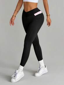 SHEIN Dewbera Quần legging thể thao nữ màu đen ôm sát, dài đến 3/4, có cạp quần phối màu tương phản và túi, thích hợp cho mặc hàng ngày, chạy bộ, yoga, tập gym, tennis, golf. - màu đen - Xem 5