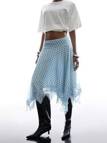 LYSMO Chân váy nữ họa tiết chấm bi phối ren, vạt lệch vai, chất liệu bất đối xứng. - Màu xanh lam - Xem 4