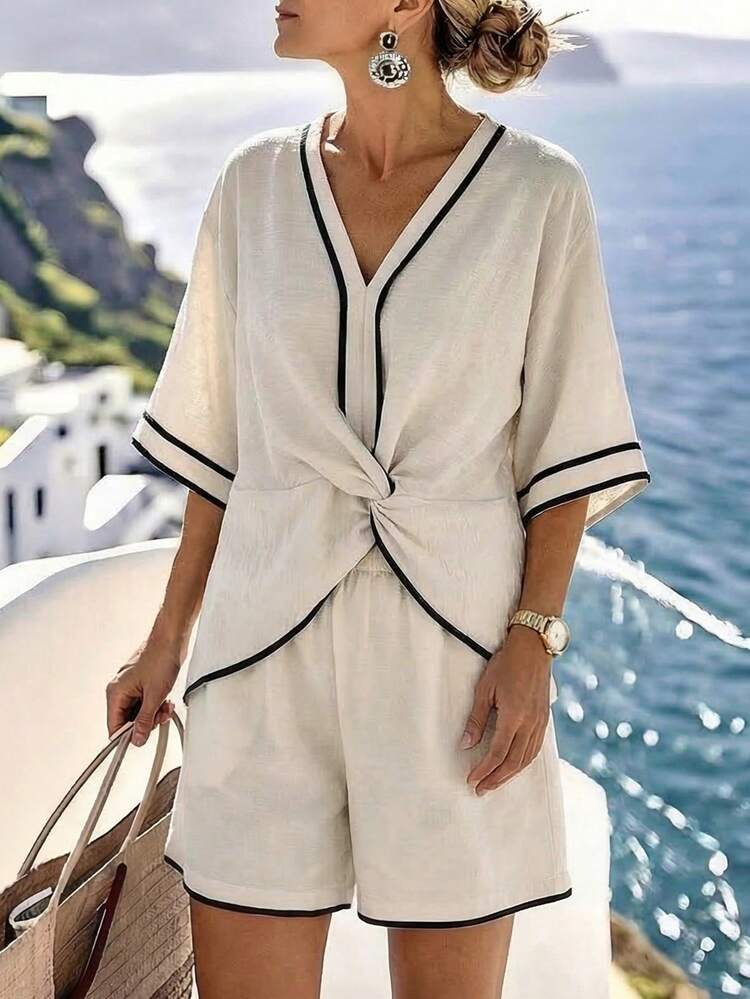 Louniche Top décontracté de vacances pour femmes avec couleurs contrastées et torsade asymétrique, blouse décontractée pour usage quotidien - Nude - Voir 1