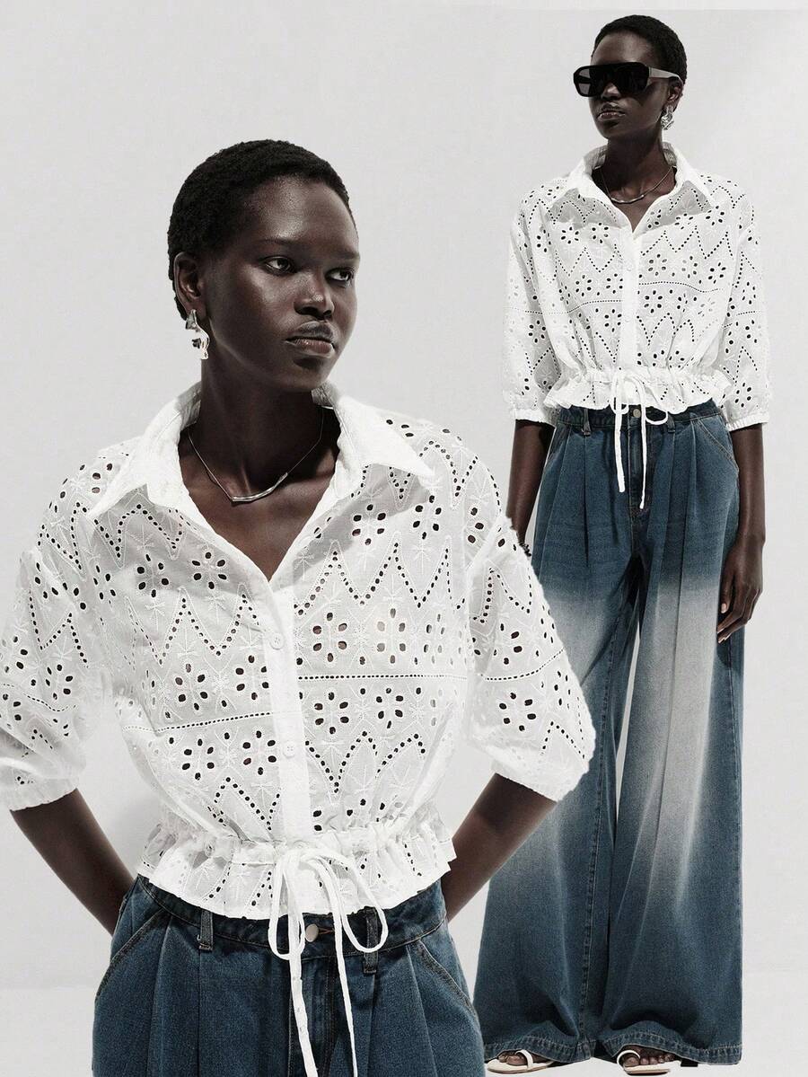 SHEIN Luminelle Women's Elegant Cinched Waist Embroidered Blouse, Suitable For Spring/Summer Vacation - White - View 1
