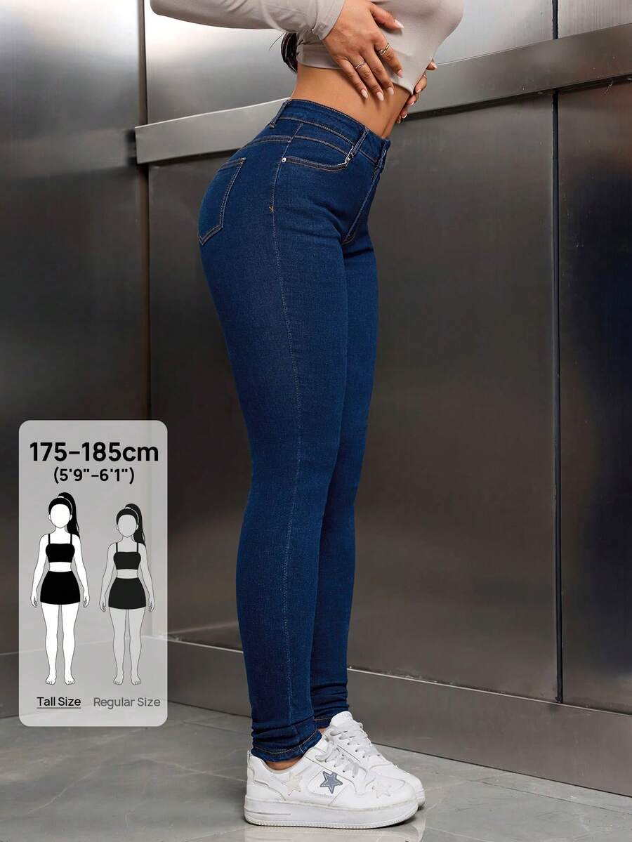 SHEIN Tall Jeans pitillo casuales ajustados con bolsillos sesgados, versátiles para mujer