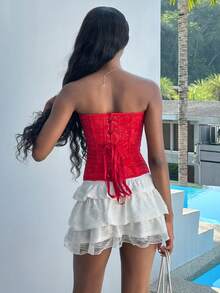 Mima John Women's Retro Palace Style Colorful Floral Jacquard Print Bandeau Crop Top With Buttons And Back Tie Red Corset Top Corset Tops For Women - Red - View 2