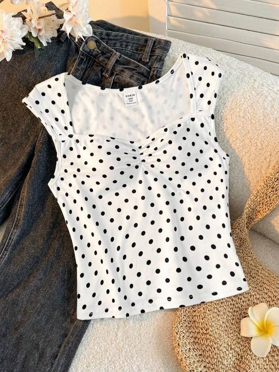 SHEIN Áo thun chấm bi cổ vuông, dáng ôm, tối giản, thoải mái dành cho bé gái tuổi teen. - Đen và trắng - Xem 1