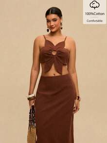 Levarali Plus Size Women's Chocolate Brown 2-Piece Skirt Set,Boho Summer Holiday Beach Outfits,Floral Shaped Camisole Top&Backless Textured Fabric Vacation Set - Brown - View 1