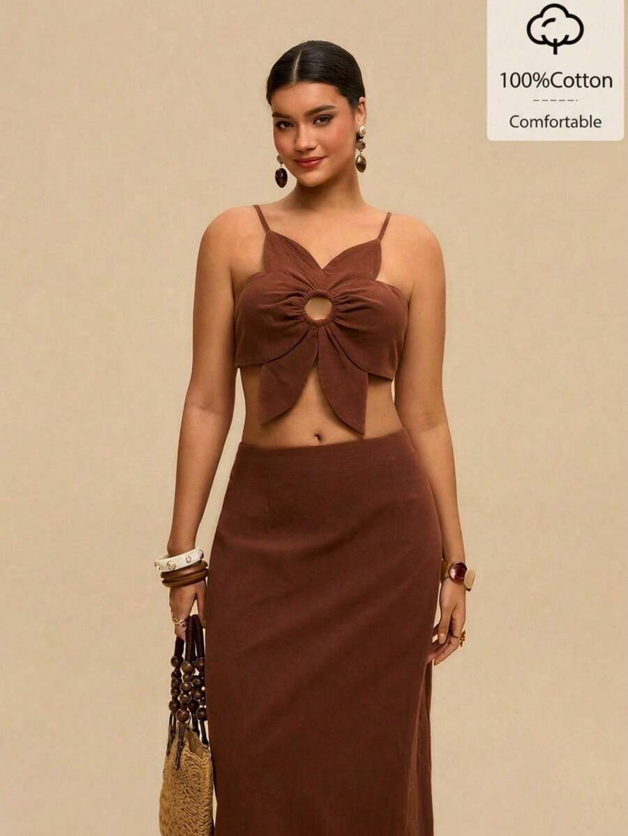 Levarali Plus Size Women's Chocolate Brown 2-Piece Skirt Set,Boho Summer Holiday Beach Outfits,Floral Shaped Camisole Top&Backless Textured Fabric Vacation Set - Brown - View 1