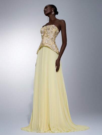 Elitara Elegant, Simple, Gorgeous, And Stylish, This Pale Yellow Dress Features 3D Embroidered Fabric, Patchwork Design, Pleated Chiffon, A Strapless Silhouette, A Faux Two-Piece Style, And A Deep A-Line Train. Suitable For All Formal Occasions, Wedding Guests, Vacations, Dates, Parties, And Evening Gowns.
