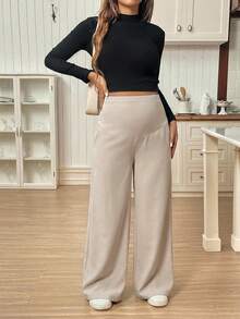 SHEIN Maternity Casual Loose Solid Color Wide Leg Pants World Cup Fall - Apricot - View 4