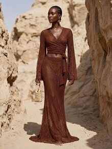 Zivah Bộ đồ nữ mùa hè 2026, kiểu dáng thường ngày, chất liệu vải dệt kim mỏng, màu nâu đậm, gồm áo croptop buộc dây và chân váy maxi. - màu nâu - Xem 1