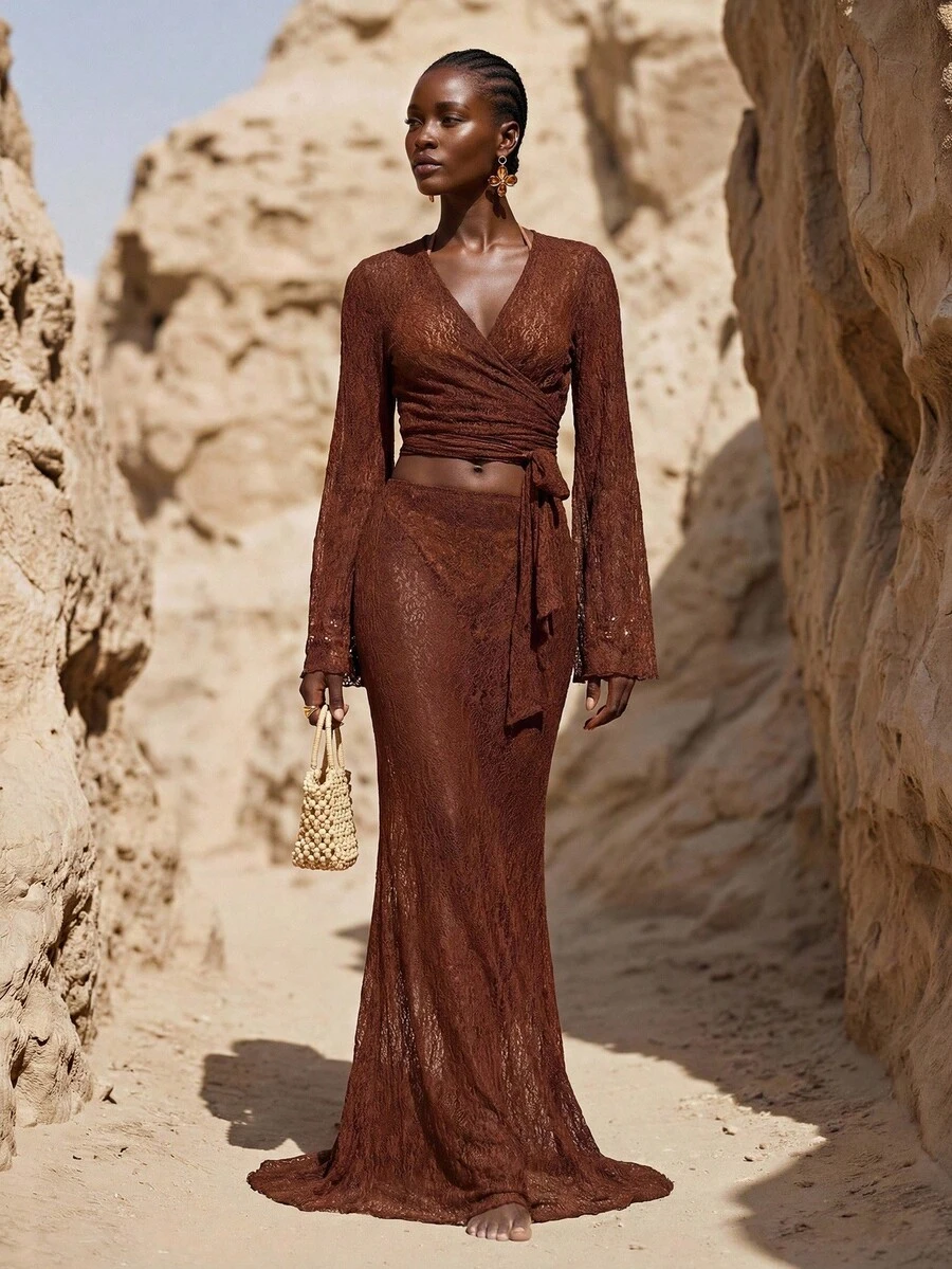 Zivah Bộ đồ nữ mùa hè 2026, kiểu dáng thường ngày, chất liệu vải dệt kim mỏng, màu nâu đậm, gồm áo croptop buộc dây và chân váy maxi. - màu nâu - Xem 1