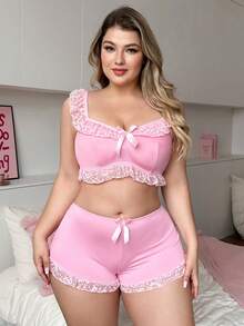 PetitDoll Conjunto de 2 piezas de top de seda de leche con parches de encaje y shorts para tallas grandes - Rosa - Ver 5