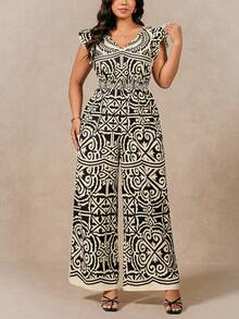 SHEIN LUNE Apricot V-Neck Cap Sleeve Vintage Geometric Pattern Plus Size Jumpsuit - Apricot - View 3