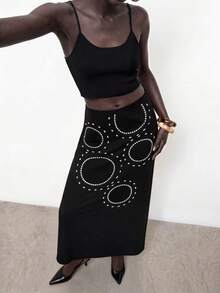 Gossip Girl X SHEIN SHEIN Maija 女士简约设计长款休闲半身裙，夏季 - 黑色 - 查看 1