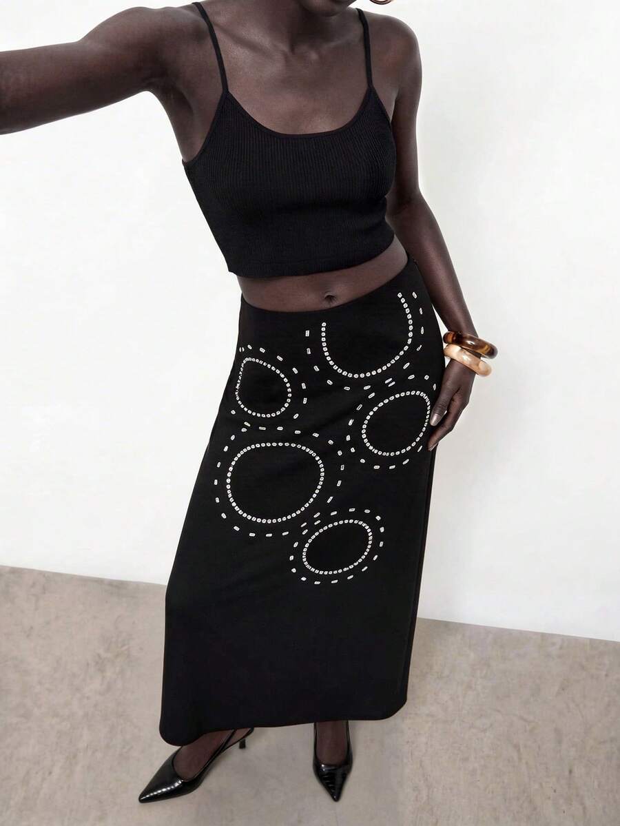 Gossip Girl X SHEIN SHEIN Maija 女士简约设计长款休闲半身裙，夏季 - 黑色 - 查看 1