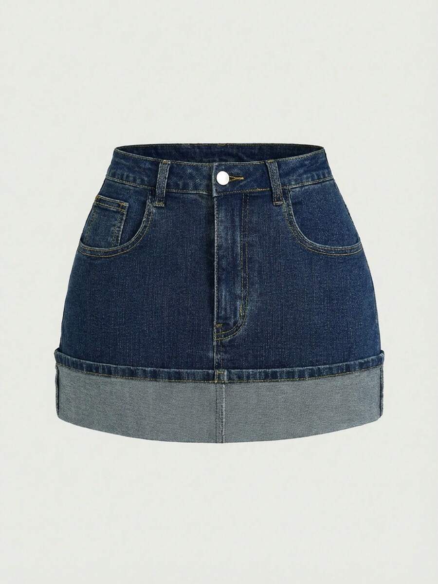 SHEIN MOD Women's Casual Versatile Denim Mini Skirt With Pockets And Rolled Hem - Blue - View 1