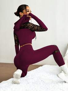 Slayform Slayform Setelan Olahraga Wanita Model Hoodie dan Legging dengan Motif Jala dan Tali Serut - Burgundy - View 6