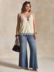 Elegantrix Apricot Lace Camisole, Fashionable Plus Size Women Top - Pale Yellow - View 5