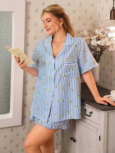 CottageSlumber 大码女式蕾丝边柠檬条纹领睡衣套装