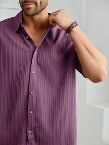 EASEVO Kemeja Lengan Pendek Tenun Kasual Pria Ukuran Besar - Purple - View 4