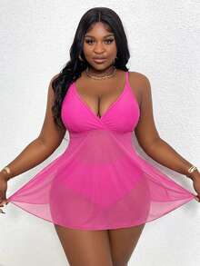 Slaydiva Plus Size Women's 2026 New Summer Beach Vacation Sheer Strap Party Swimsuit Dress - Hot Pink - View 4