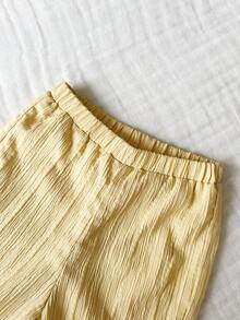 SHEIN Elladie kids 乡村风彼得潘领女童套装，女婴时尚刺绣下摆无袖上衣和长裤两件套 - 黃色 - 查看 5