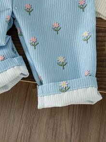 SHEIN Baby Mädchen 0-3 Jahre Cord-Latzhose Set mit Herz-Muster für Frühling/Herbst, Casual Stil mit Brusttasche, geeignet für Outdoor-Spiel und Lässig - Blau - Übersicht 3