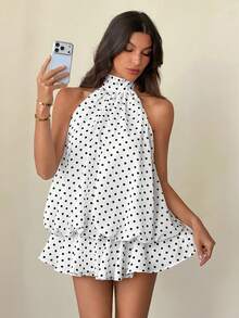 SHEIN Tall Women's Elegant Polka Dot Print Halter Backless Mini Dress,Summer Dresses For Women - Multicolor - View 7