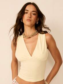 Aralina 夏季女士V领可爱日常沙滩外出基础款上衣 - 淡黃色 - 查看 1