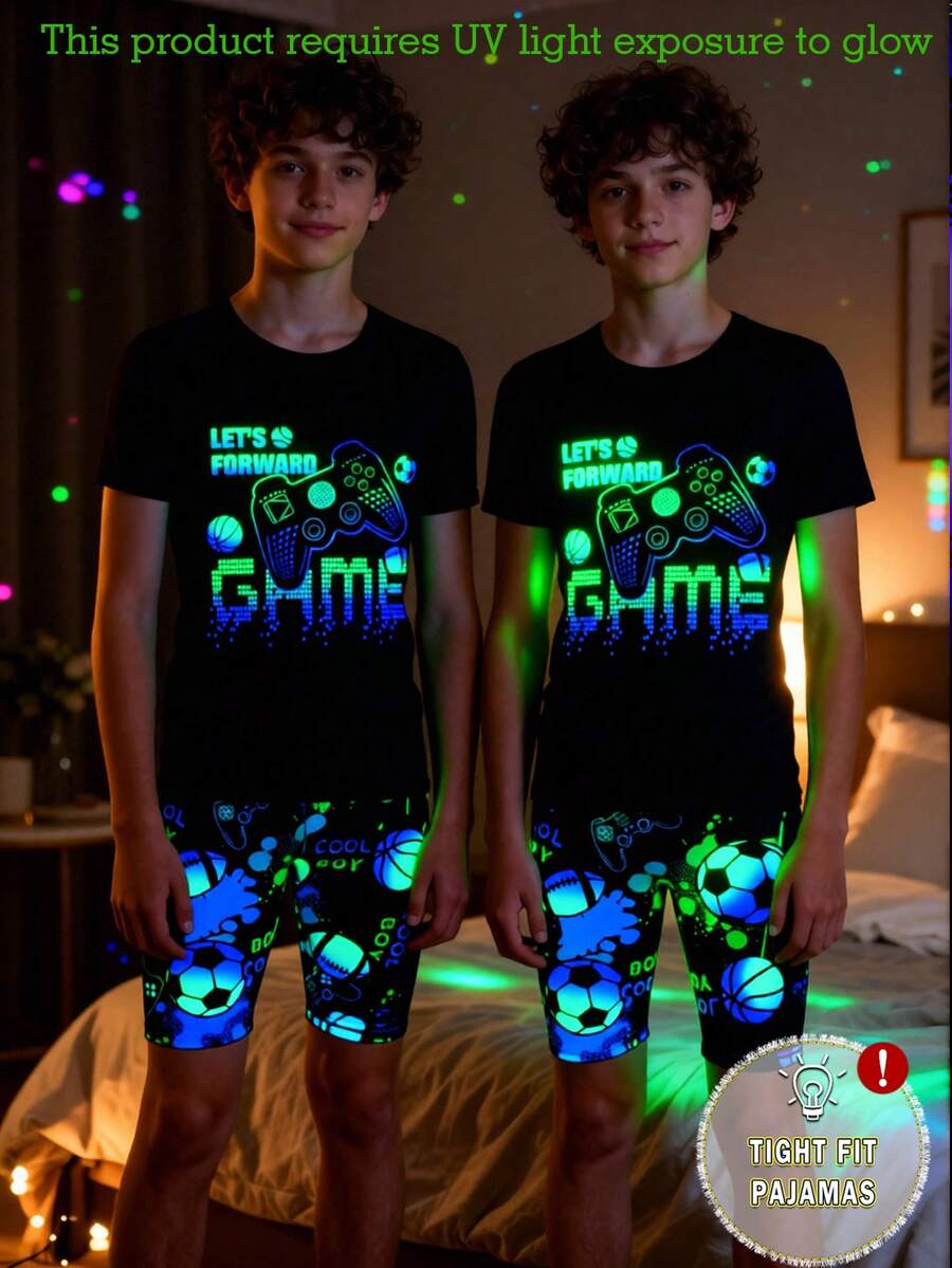 男童两件套睡衣套装 - UV 夜光电子游戏和足球印花针织短裤和贴身上衣,睡衣套装(需紫外线照射),送给孩子的绝佳礼物 - 黑色 - 查看 1