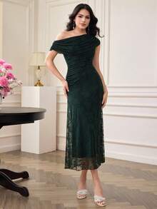 Modelyn Đầm ren màu xanh ô liu, kiểu dáng bất đối xứng, có bèo nhún, thanh lịch dành cho nữ, thích hợp cho các sự kiện trang trọng, tiệc tùng, dạ hội. - Màu xanh lá cây đậm - Xem 7