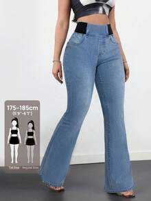 SHEIN Tall 女士牛仔裤休闲紧身弹力喇叭裤蓝色紧身牛仔裤高腰喇叭裤高腰女士牛仔裤夏季 - 淺色水洗藍 - 查看 6