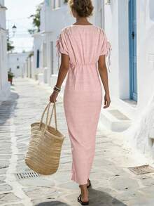Breezaya 女士V领蝴蝶结露肩长裙 - 淺粉色 - 查看 2