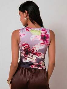 COSMINA Áo tank top không tay ôm sát, in họa tiết hoa thanh lịch, thích hợp cho mùa hè, kỳ nghỉ biển, phối đồ mùa hè cho nữ, áo tank top đa năng, áo tank top đặc biệt, mặc hàng ngày. - Nhiều màu - Xem 2