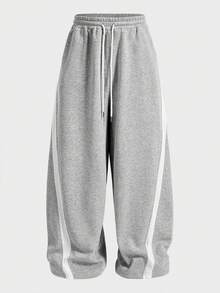Manfinity RebelGame Pantalones de chándal casuales y holgados para hombre, de talla grande, de color gris claro con parches asimétricos acanalados, para primavera/otoño - Gris Claro - Ver 5