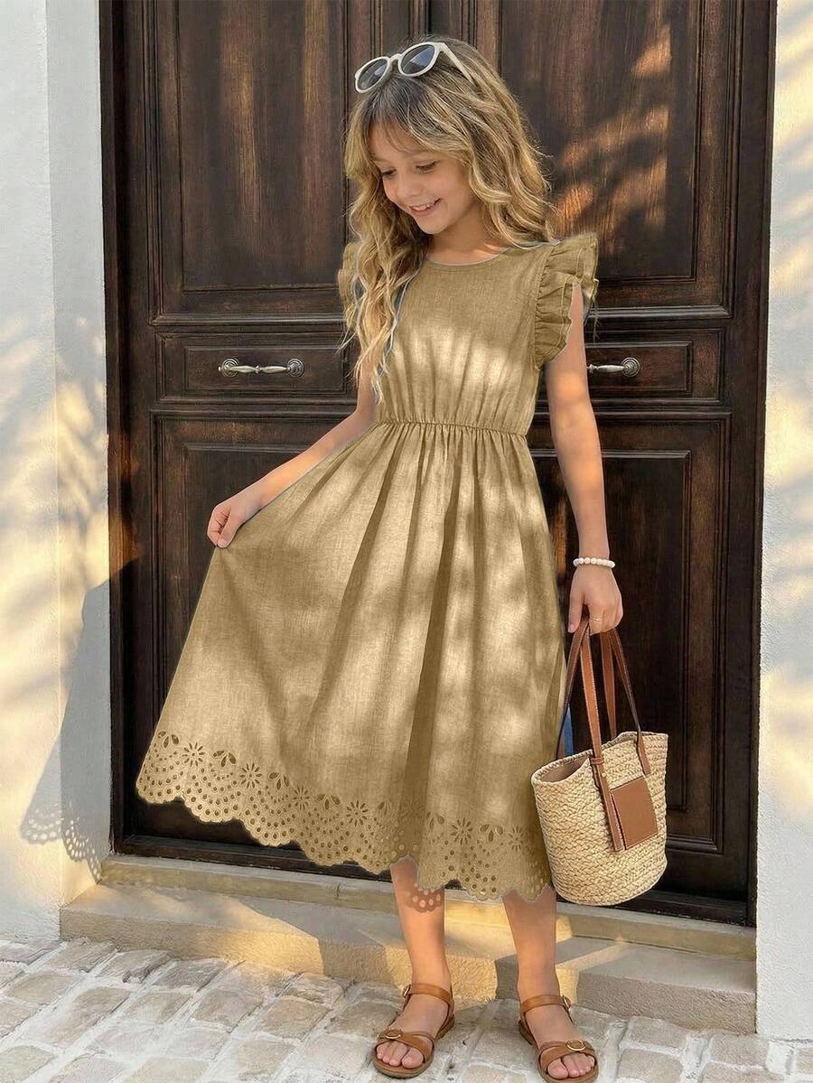 SHEIN فستان أزرق مناسب للارتداء اليومي والحفلات، مصنوع من تريكو القطن المنسوج بأكمام متدلية وحافة مقطعة بالليزر، تصميم أنيق مناسب للفتيات في الربيع والصيف - كاكي - مشاهدة 1