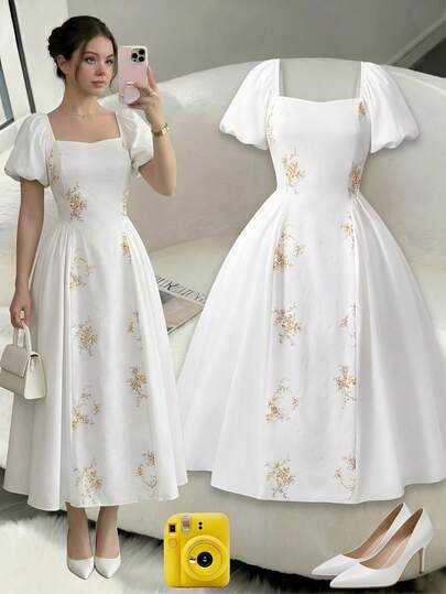 SHEIN Đầm maxi in hoa ôm dáng, cổ vuông/hở vai, có thể điều chỉnh kiểu cổ, phù hợp cho bé gái tuổi teen, thích hợp cho các buổi đi chơi, kỳ nghỉ và mặc thường ngày.